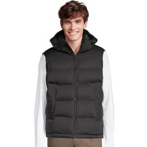 Men's Sleek Black Hooded Puffer Vest with Excellent Condition